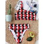 Red Black And White Argyle Print One Shoulder Bikini Top