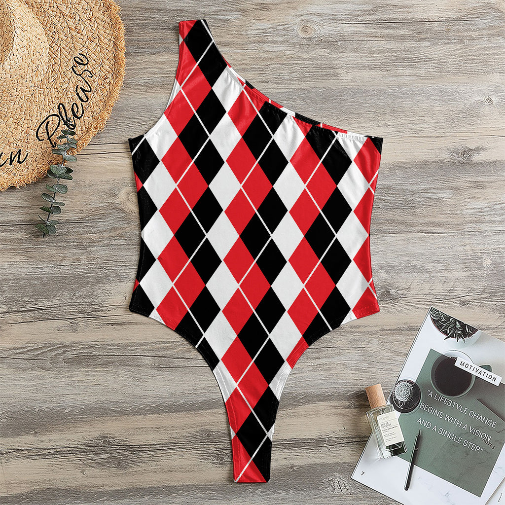 Red Black And White Argyle Print One Shoulder Bodysuit