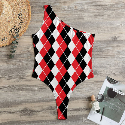 Red Black And White Argyle Print One Shoulder Bodysuit