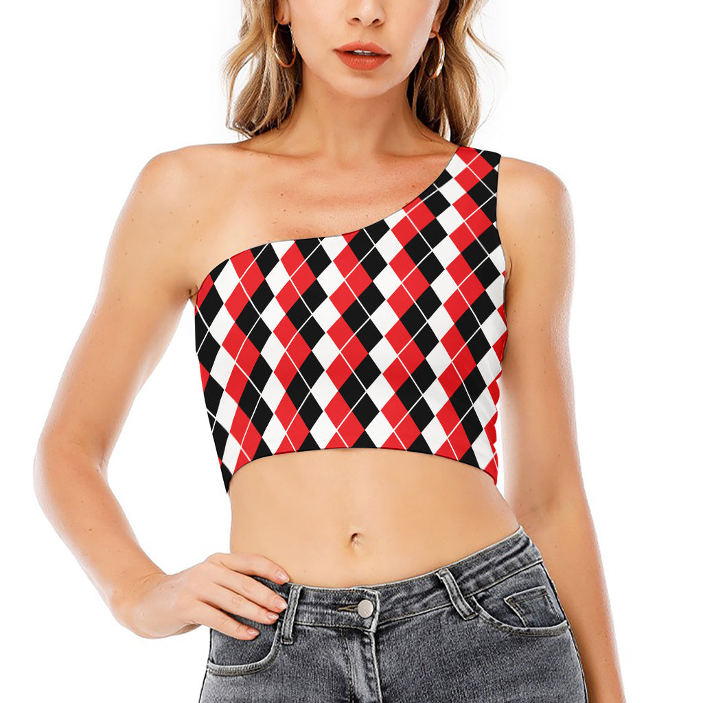Red Black And White Argyle Print One Shoulder Crop Top