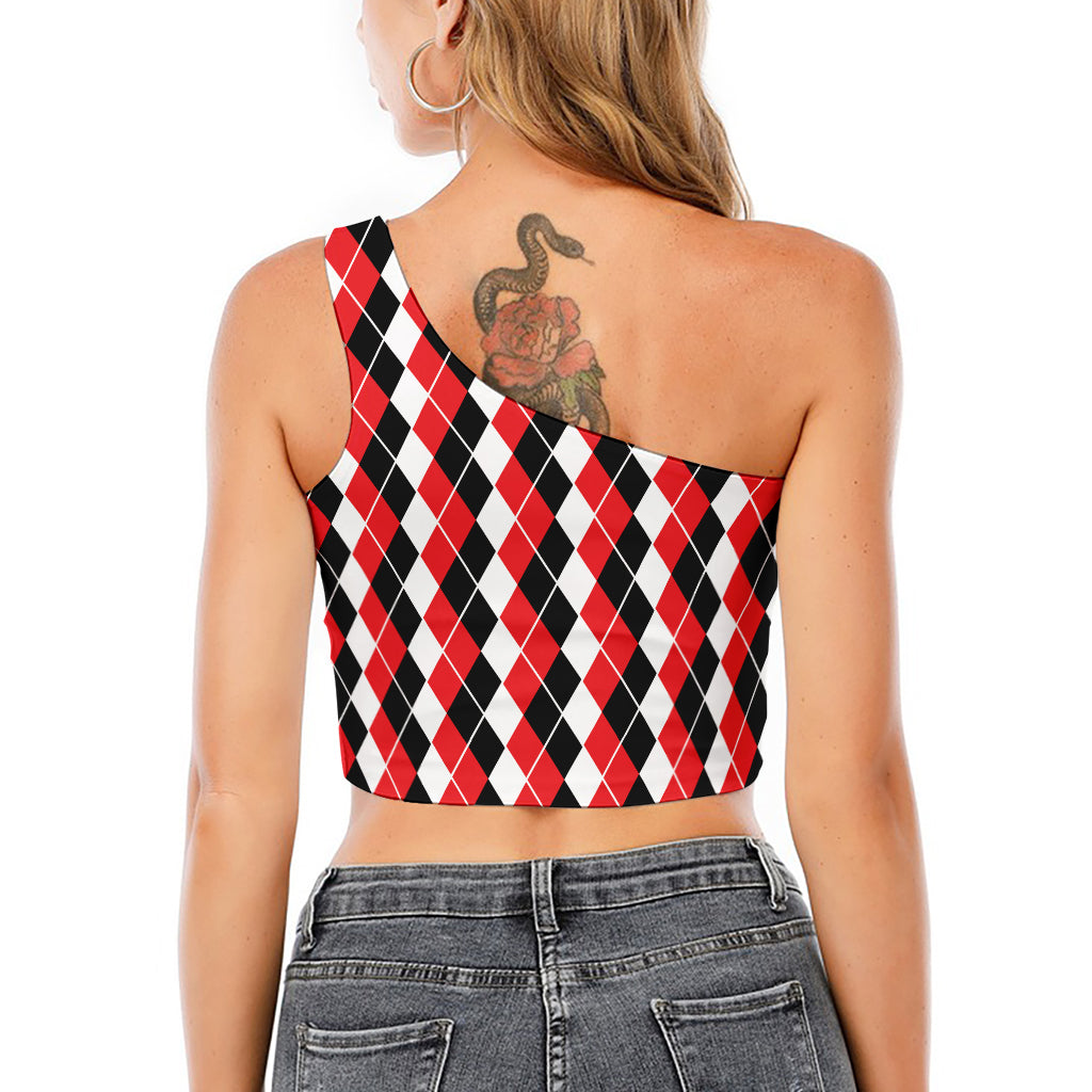 Red Black And White Argyle Print One Shoulder Crop Top