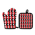 Red Black And White Argyle Print Oven Mitt And Pot Holder Set