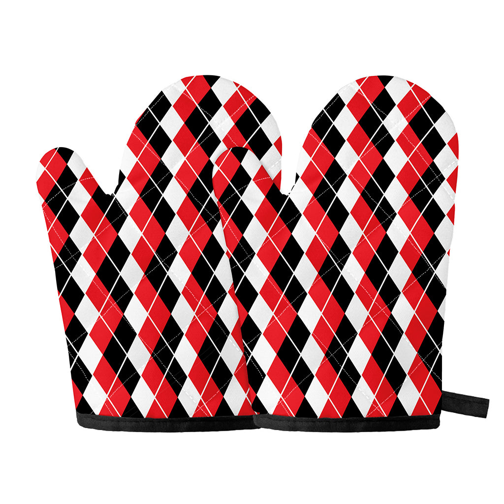 Red Black And White Argyle Print Oven Mitts