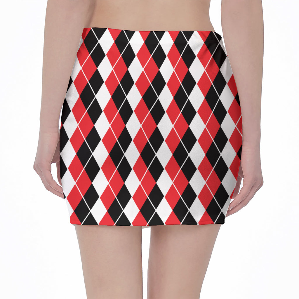 Red Black And White Argyle Print Pencil Mini Skirt