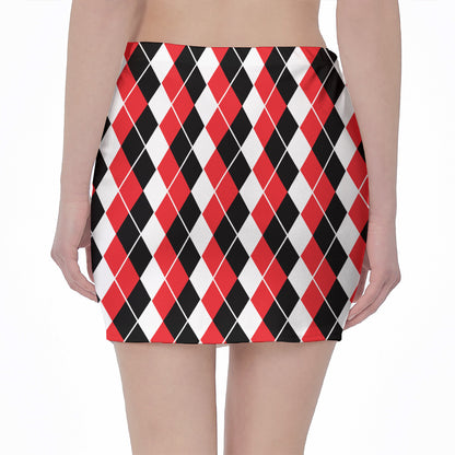 Red Black And White Argyle Print Pencil Mini Skirt