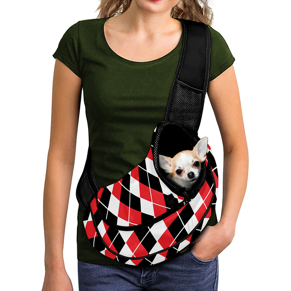 Red Black And White Argyle Print Pet Sling Carrier