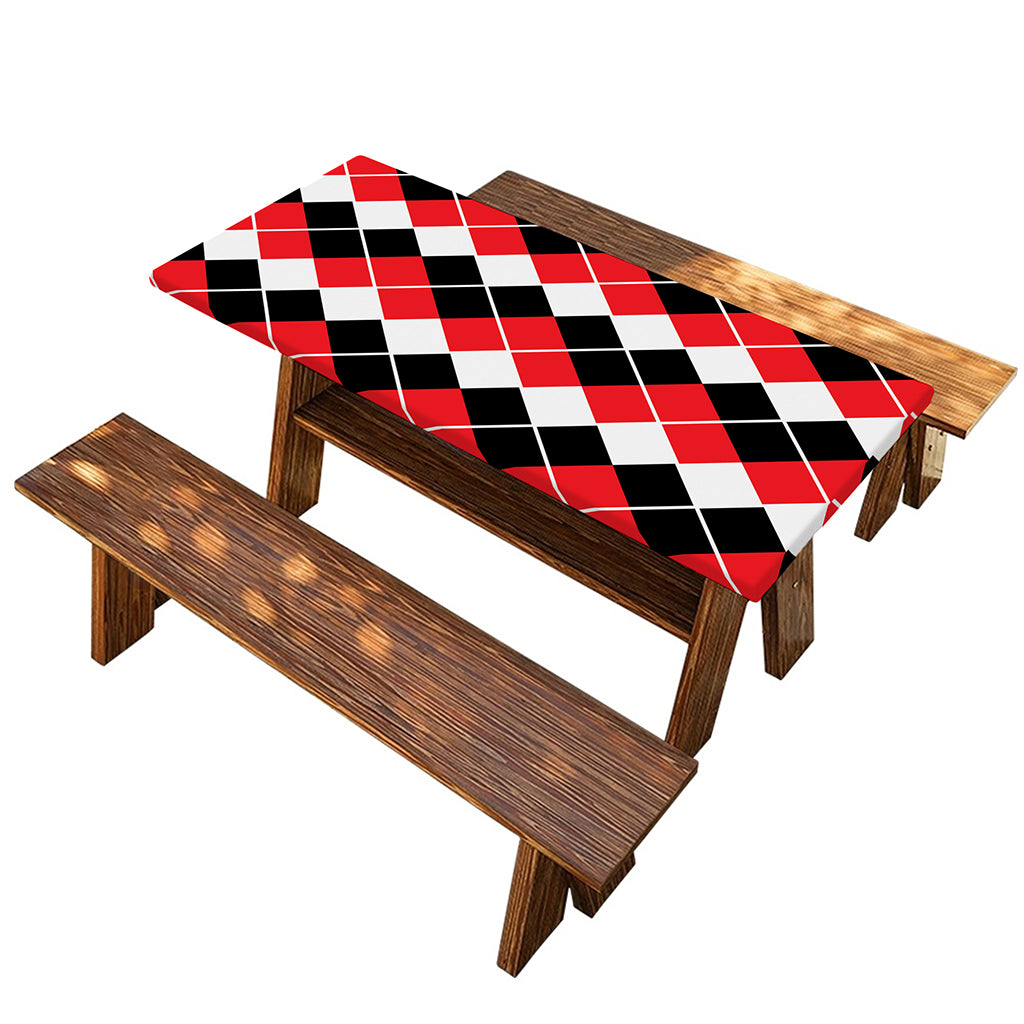 Red Black And White Argyle Print Picnic Table Cover