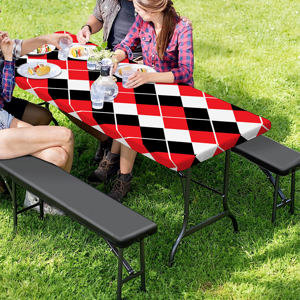 Red Black And White Argyle Print Picnic Table Cover