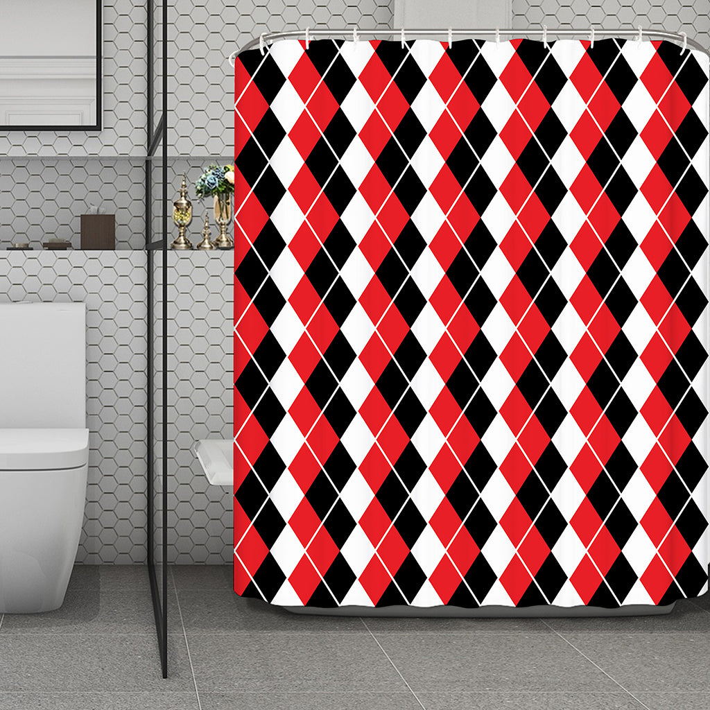 Red Black And White Argyle Print Polyester Shower Curtain