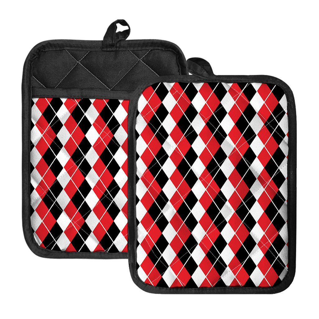 Red Black And White Argyle Print Pot Holders With Pocket