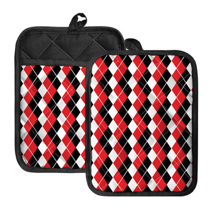Red Black And White Argyle Print Pot Holders With Pocket