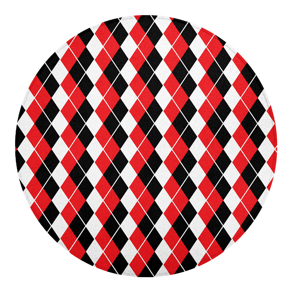 Red Black And White Argyle Print Round Blanket