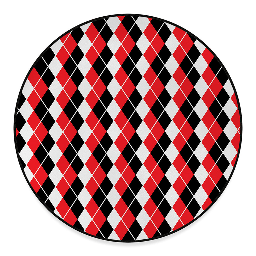 Red Black And White Argyle Print Round Floor Mat