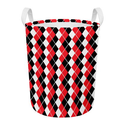 Red Black And White Argyle Print Round Laundry Basket