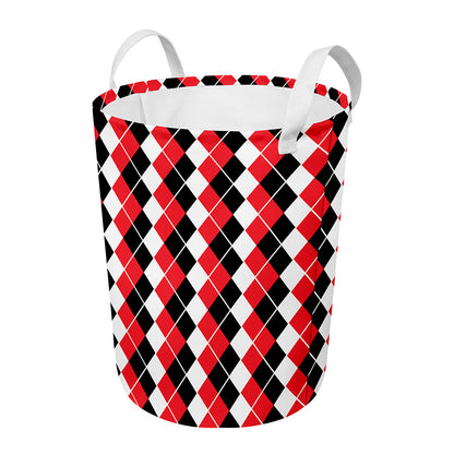Red Black And White Argyle Print Round Laundry Basket