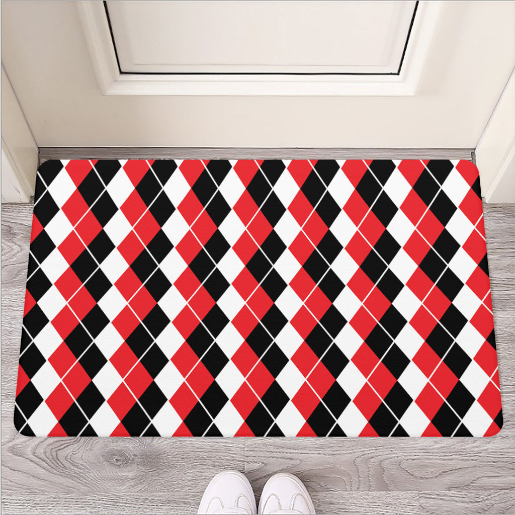 Red Black And White Argyle Print Rubber Doormat