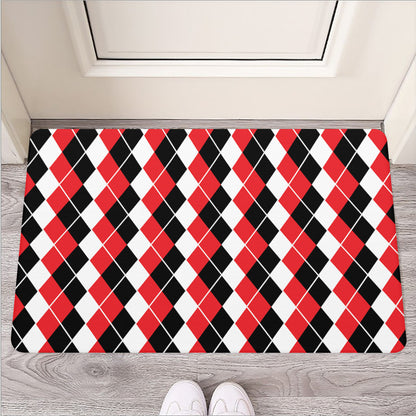 Red Black And White Argyle Print Rubber Doormat