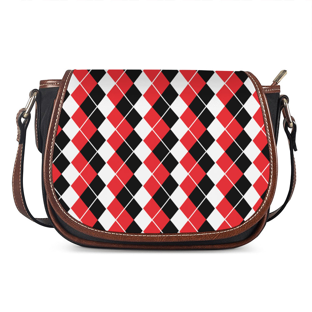 Red Black And White Argyle Print Saddle Bag