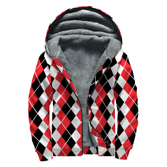 Red Black And White Argyle Print Sherpa Lined Zip Up Hoodie