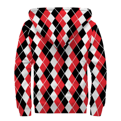 Red Black And White Argyle Print Sherpa Lined Zip Up Hoodie