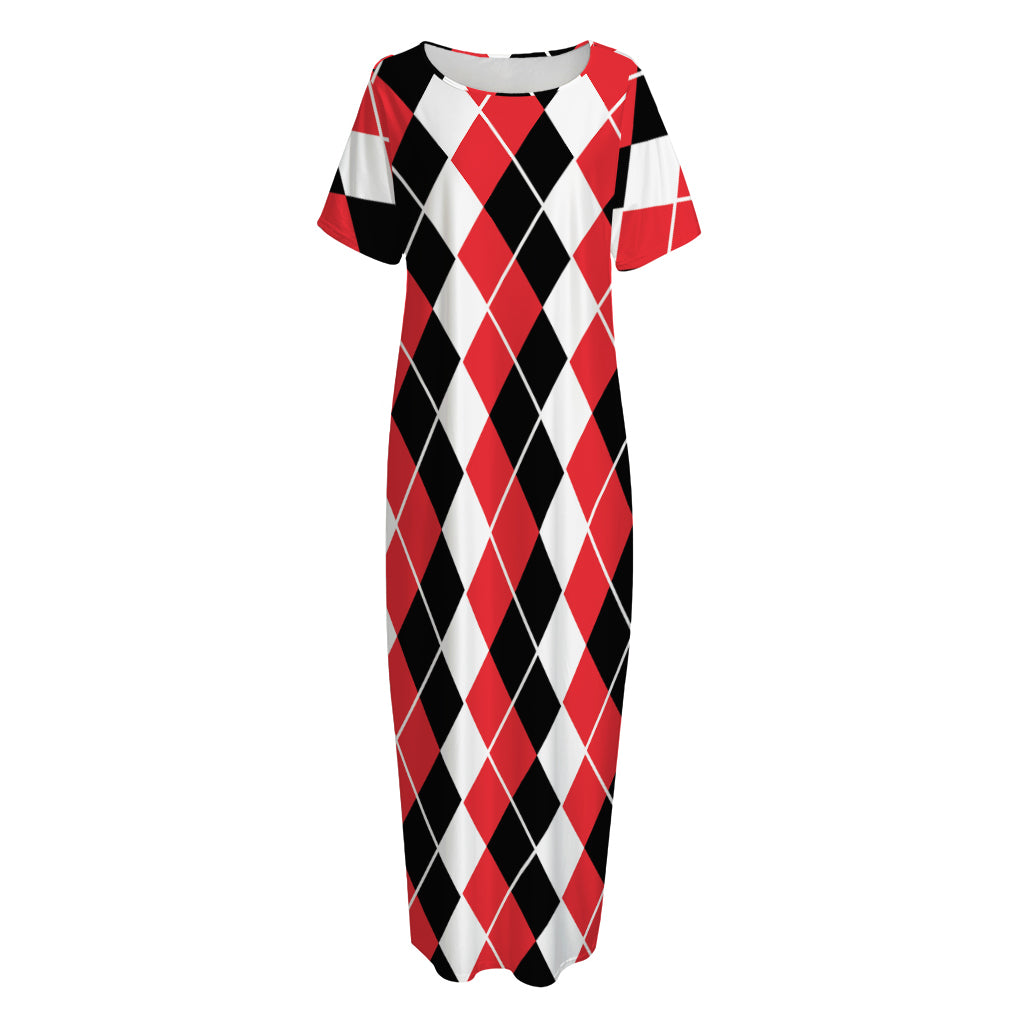 Red Black And White Argyle Print Short Sleeve Long Nightdress