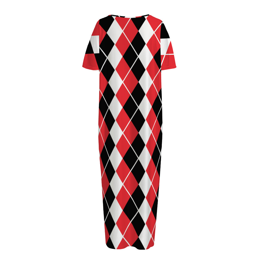 Red Black And White Argyle Print Short Sleeve Long Nightdress