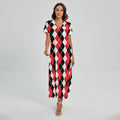 Red Black And White Argyle Print Short Sleeve Maxi Dress