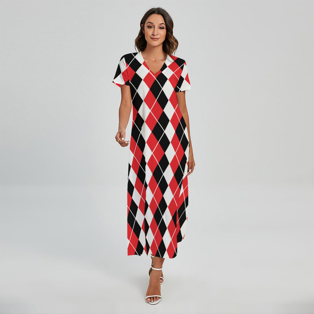 Red Black And White Argyle Print Short Sleeve Maxi Dress