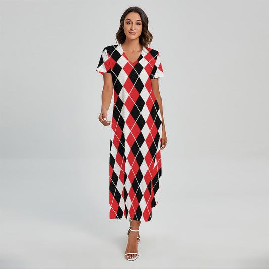Red Black And White Argyle Print Short Sleeve Maxi Dress