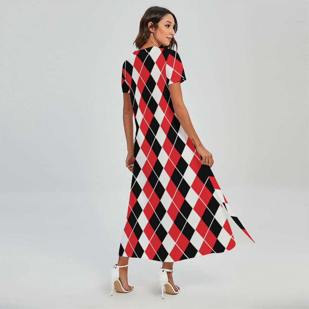 Red Black And White Argyle Print Short Sleeve Maxi Dress