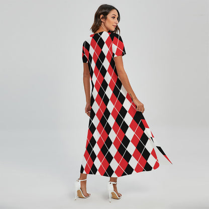 Red Black And White Argyle Print Short Sleeve Maxi Dress