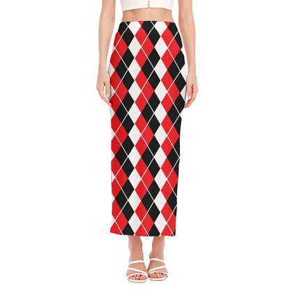 Red Black And White Argyle Print Side Slit Maxi Skirt