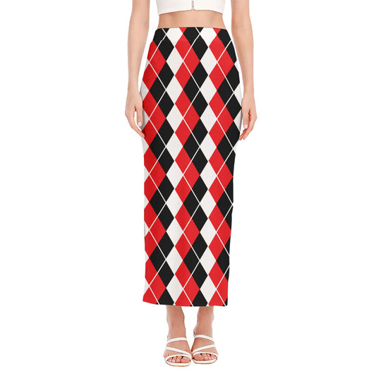 Red Black And White Argyle Print Side Slit Maxi Skirt