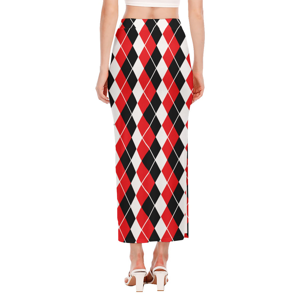 Red Black And White Argyle Print Side Slit Maxi Skirt