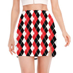 Red Black And White Argyle Print Side Slit Mini Skirt
