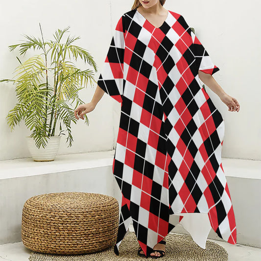 Red Black And White Argyle Print Silk V-Neck Kaftan Dress