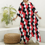 Red Black And White Argyle Print Silk V-Neck Kaftan Dress