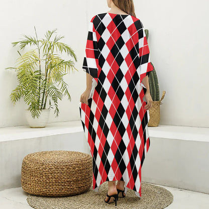 Red Black And White Argyle Print Silk V-Neck Kaftan Dress