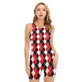 Red Black And White Argyle Print Sleeveless One Piece Swimsuit