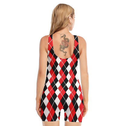 Red Black And White Argyle Print Sleeveless One Piece Swimsuit
