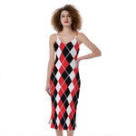 Red Black And White Argyle Print Slim Fit Midi Cami Dress