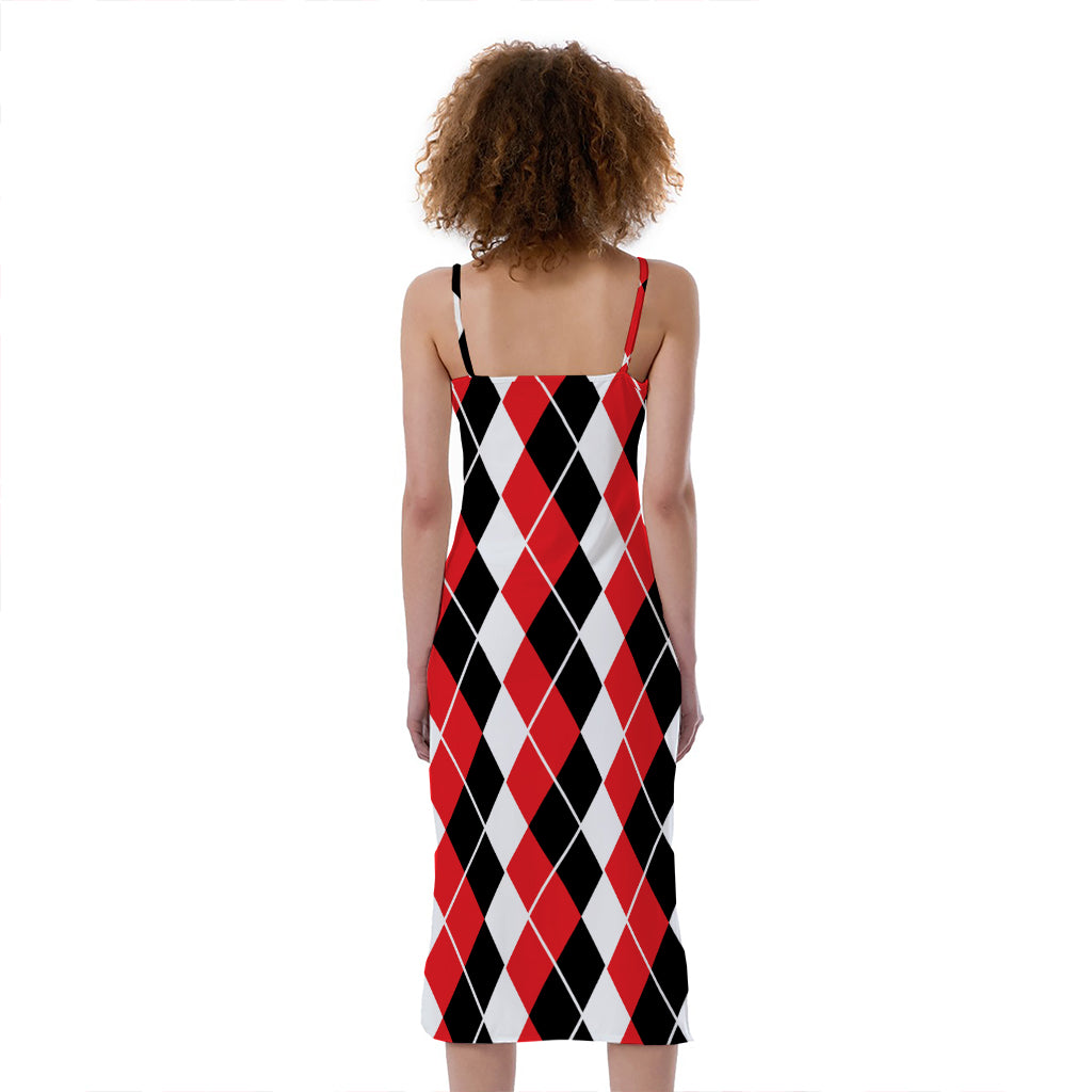 Red Black And White Argyle Print Slim Fit Midi Cami Dress