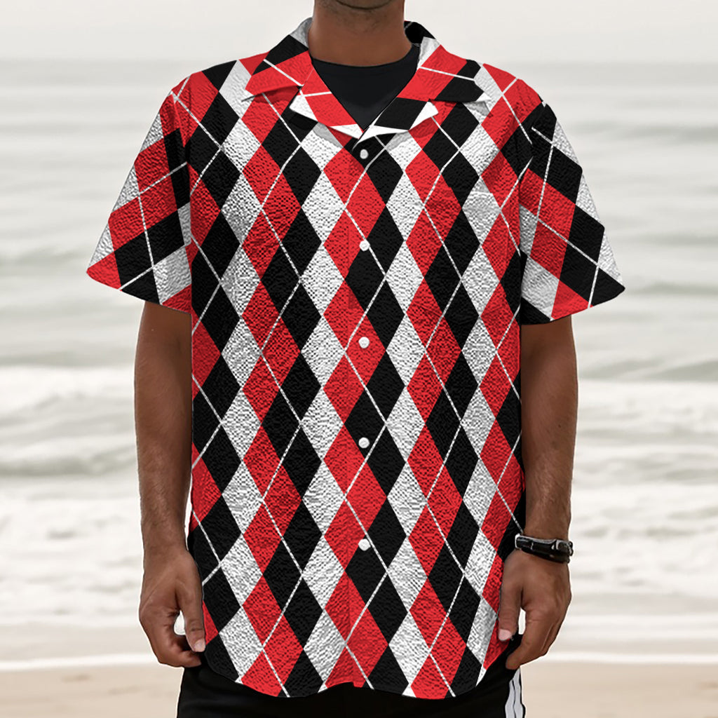Red Black And White Argyle Print Textured Short Sleeve Shirt