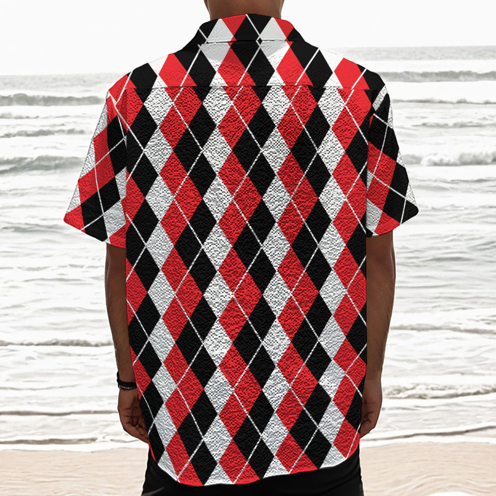 Red Black And White Argyle Print Textured Short Sleeve Shirt