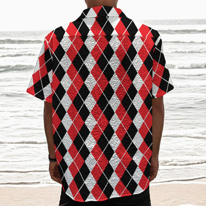 Red Black And White Argyle Print Textured Short Sleeve Shirt