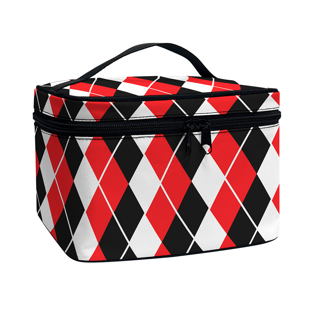 Red Black And White Argyle Print Travel Makeup Bag