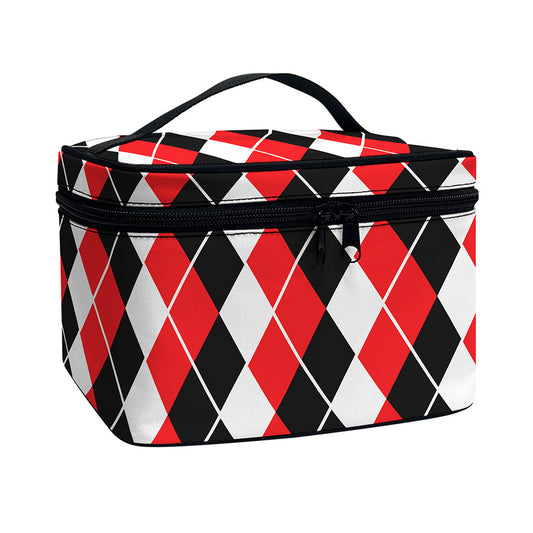 Red Black And White Argyle Print Travel Makeup Bag