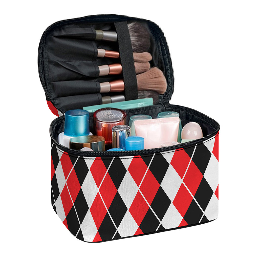Red Black And White Argyle Print Travel Makeup Bag