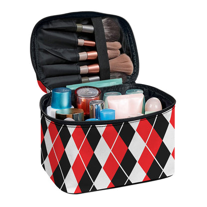Red Black And White Argyle Print Travel Makeup Bag