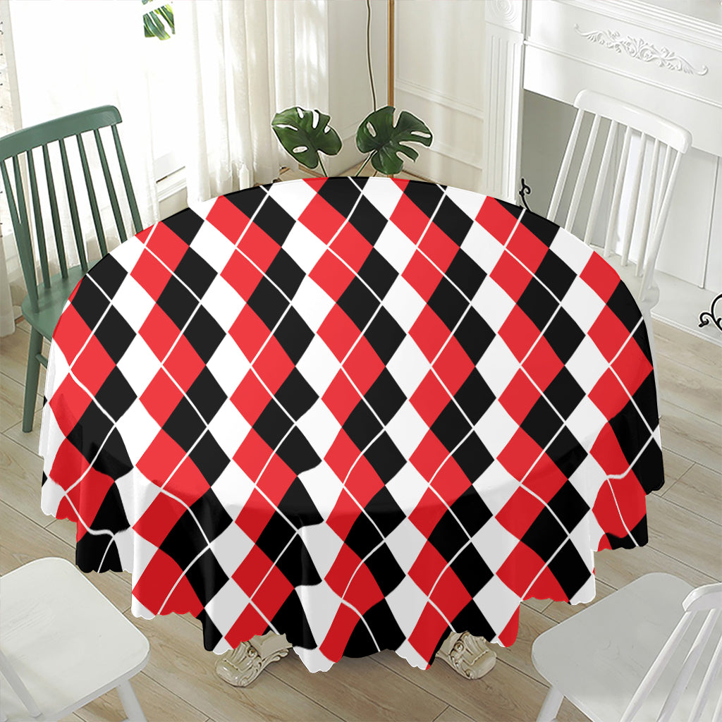 Red Black And White Argyle Print Waterproof Round Tablecloth
